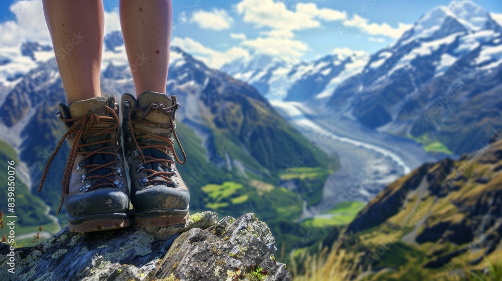 Adventure Awaits: Hiking Boots on Rocky Outcrop with Snow-Capped Mountains and Lush Valleys View Adventure Awaits: Hiking Boots on Rocky Outcrop with Snow-Capped Mountains and Lush Valleys View