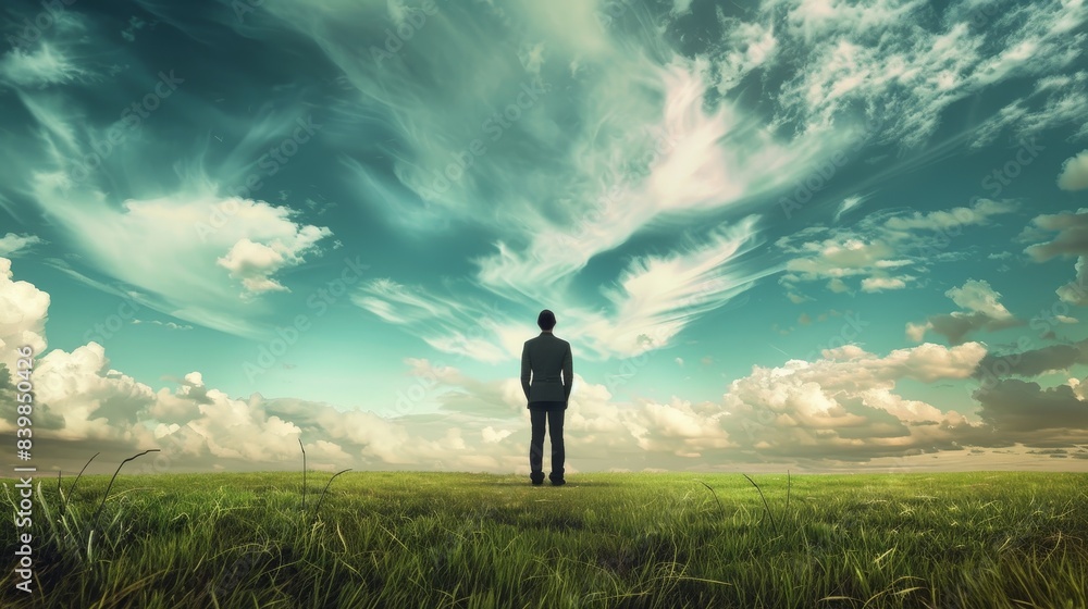 A man stands on a rooftop looking at a clock. The clock is surrounded by clouds, and the sky is dark and stormy. The man is lost in thought, and the scene gives off a sense of loneliness A man stands on a rooftop looking at a clock. The clock is surrounded by clouds, and the sky is dark and stormy. The man is lost in thought, and the scene gives off a sense of loneliness