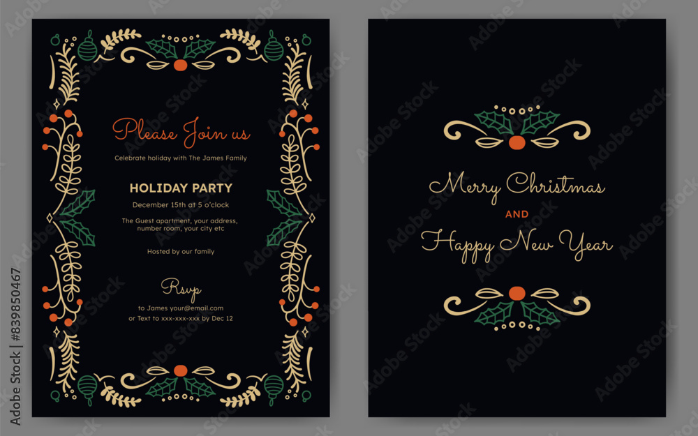 Fototapeta premium Christmas party invitation or poster with floral frame ornament