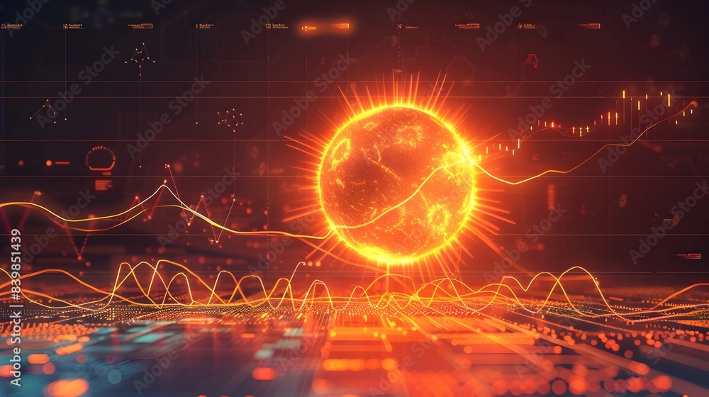 Obraz premium Futuristic Infographic Globe with Radiant Sun and Data Visualization