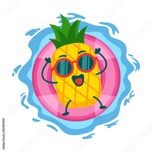 illustration of pineapple mascot character floating in the ocean