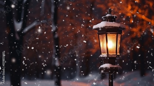 A candle is lit in a lantern, surrounded by snow. The lantern is lit in the dark, creating a warm and cozy atmosphere © Media Srock