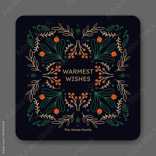 Holiday christmas greetings card. Floral frame illustration. trendy vintage style.