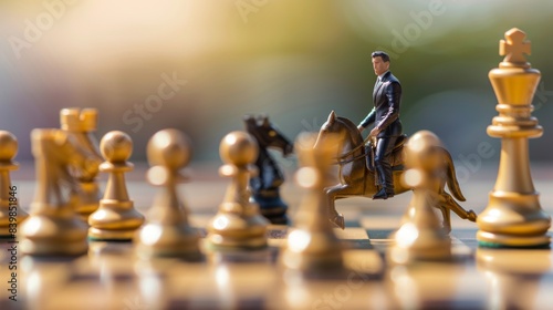 Strategic move, leadership to lead team with strategy, challenge to success, courage and confidence to win business competition concept, businessman riding chess knight lead team to win chess victory