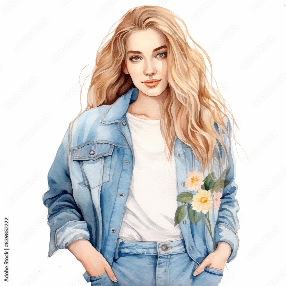 Girl in Trendy Jean Jacket with Floral Art Girl in Trendy Jean Jacket with Floral Art