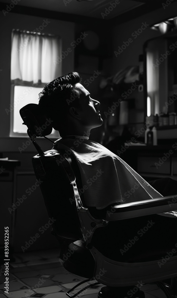 A man sitting in a barber chair. A man sitting in a barber chair.