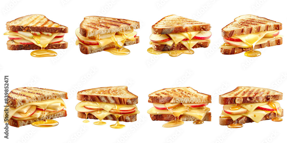 Set of Brie And Apple Sandwich With Honey isolated on transparent png background. Generative ai Set of Brie And Apple Sandwich With Honey isolated on transparent png background. Generative ai