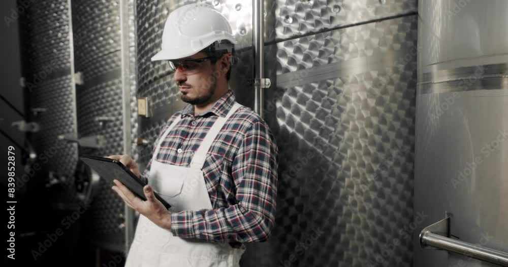 Male wine maker checking quality of beverage distillation process indoors and write down the dates in tablet gadget. Modern winemaking facility or winery. Large steel barrels for wine fermentation. Male wine maker checking quality of beverage distillation process indoors and write down the dates in tablet gadget. Modern winemaking facility or winery. Large steel barrels for wine fermentation.