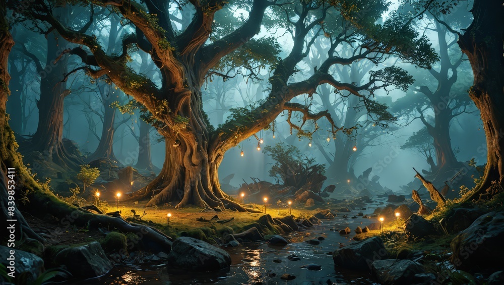 Fototapeta premium Enchanted Forest Stream at Night