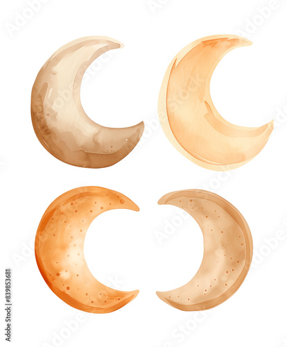 Cute watercolor boho crescent moon, 4 clipart images, in the style of Matisse, dusty tones, with flat shapes in the style of minimalist graphic design, bold shapes, subtle tonal range, tinycore, photo