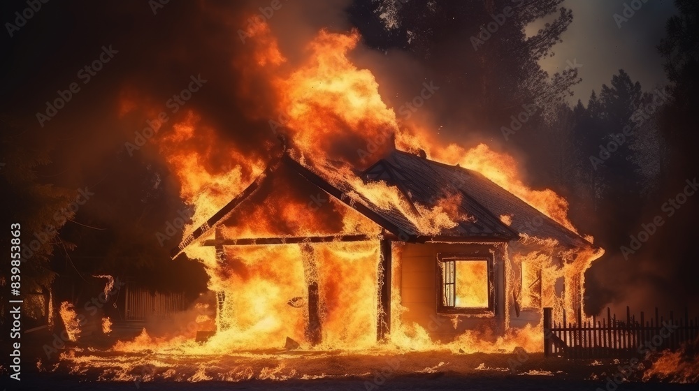 A house is on fire with flames coming out of the roof. The fire is very large and is spreading quickly A house is on fire with flames coming out of the roof. The fire is very large and is spreading quickly