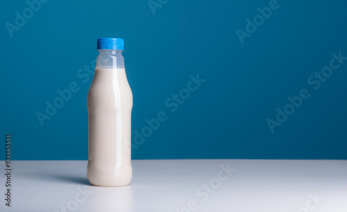 Plastic milk bottle with blue lid on blue background.