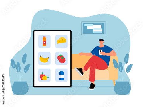 Man ordering groceries from app. Supermarket vector illustration
