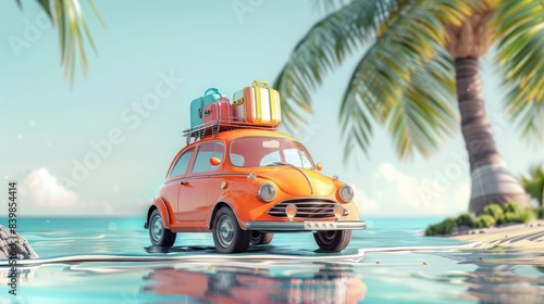 Orange retro car with luggage and beach accessories in a rush for summer vacation. Summer travel concept background. 3D Rendering, 3D Illustration © Khalif