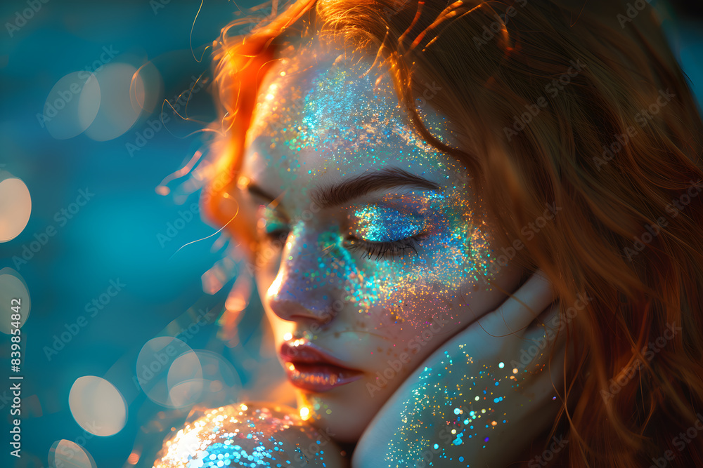 Girl with glitter makeup in the water. Micro plastic ocean pollution concept Girl with glitter makeup in the water. Micro plastic ocean pollution concept