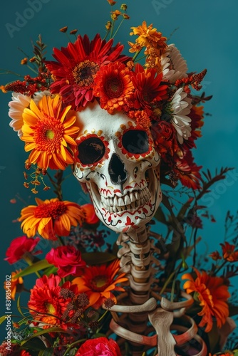 A skeleton is surrounded by flowers and is placed on a red background. Concept of life and beauty, as the skeleton is adorned with flowers and placed in a colorful setting