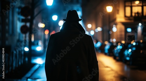 A man wearing a hat is walking down a street at night. The street is filled with cars and the man is the only person visible. The scene has a mysterious and lonely feeling to it