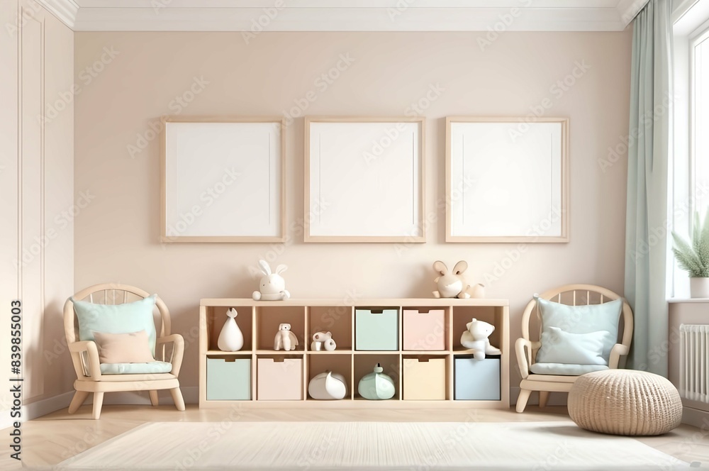 Mock up picture frame in children room interior background, neutral colours, 3D render Mock up picture frame in children room interior background, neutral colours, 3D render