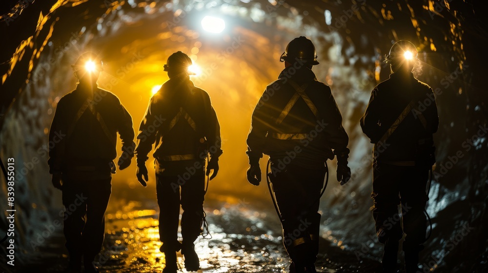 A man in a black suit is walking through a tunnel with two other people. The tunnel is dark and the man is wearing a helmet A man in a black suit is walking through a tunnel with two other people. The tunnel is dark and the man is wearing a helmet