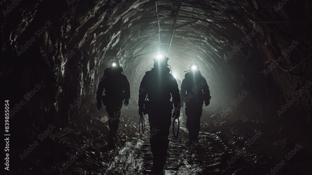 Fototapeta premium A man in a black suit is walking through a tunnel with two other people. The tunnel is dark and the man is wearing a helmet