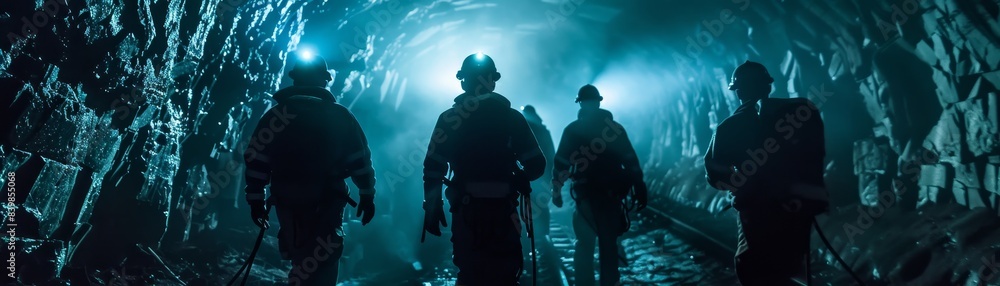 A man in a black suit is walking through a tunnel with two other people. The tunnel is dark and the man is wearing a helmet A man in a black suit is walking through a tunnel with two other people. The tunnel is dark and the man is wearing a helmet