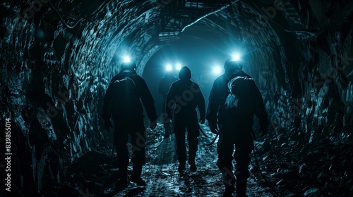 A man in a black suit is walking through a tunnel with two other people. The tunnel is dark and the man is wearing a helmet
