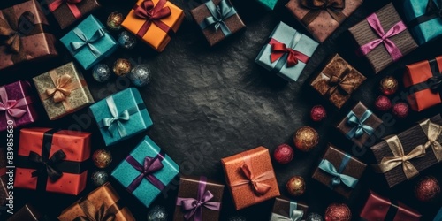 dark oaken background with beautiful texture and colorful gift boxes, top view