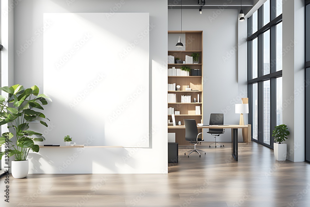 Fototapeta premium Modern Light Office with Blank Mockup Banner, Shelves, and City View 3D Rendering