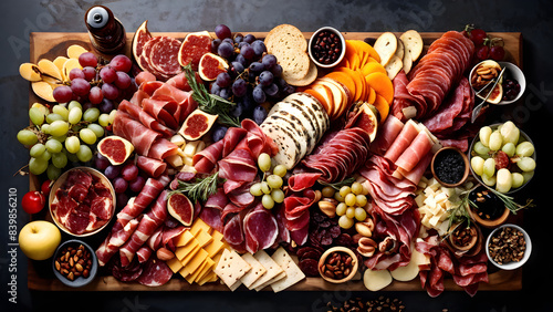 A gorgeously presented charcuterie platter with expertly organized cured meats, cheeses, nuts and fruits
