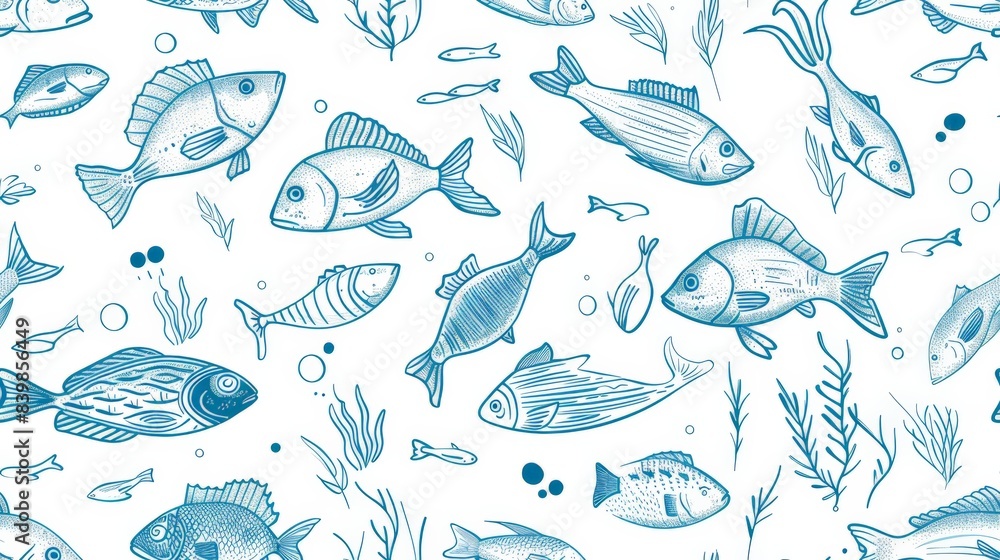 Simple line drawings of various fish species swimming, creating an underwater theme seamless pattern Simple line drawings of various fish species swimming, creating an underwater theme seamless pattern