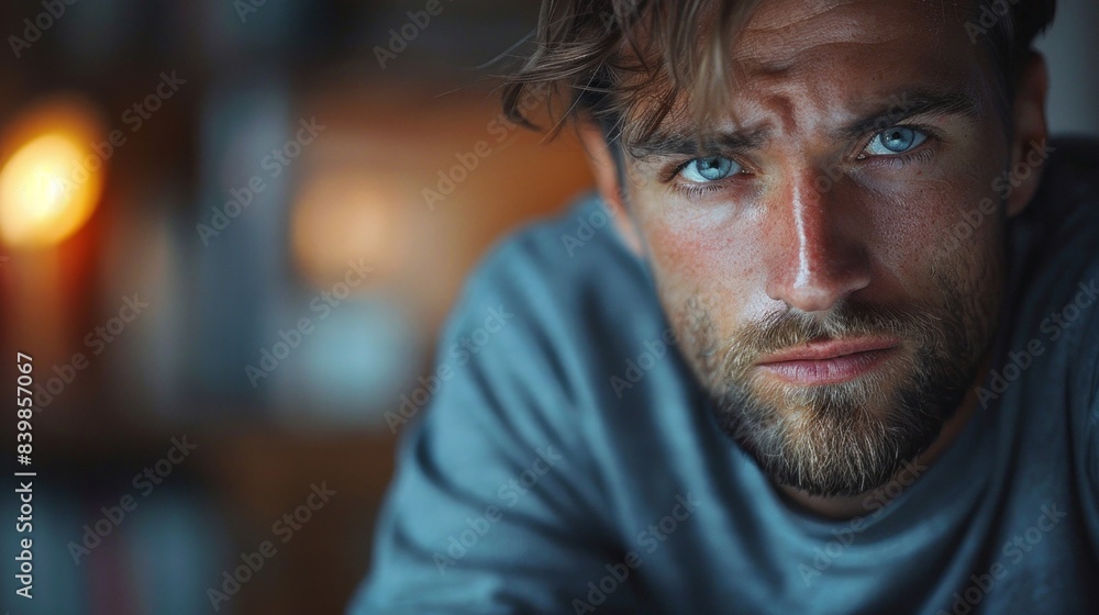 A close-up portrait of a handsome man with striking blue eyes and a thoughtful expression. The dim, moody lighting enhances the depth of his features and the intensity of his gaze. Perfect for mental A close-up portrait of a handsome man with striking blue eyes and a thoughtful expression. The dim, moody lighting enhances the depth of his features and the intensity of his gaze. Perfect for mental