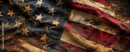 Closeup of an old, tattered American flag with faded stars and vibrant reds and whites, symbolizing the rich history and heritage. A close up shot of an American flag with a vintage