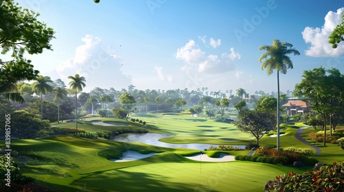 An exclusive golf course surrounded by picturesque landscapes, with wealthy individuals enjoying a round of golf, symbolizing affluence, leisure, and a prestigious lifestyle
