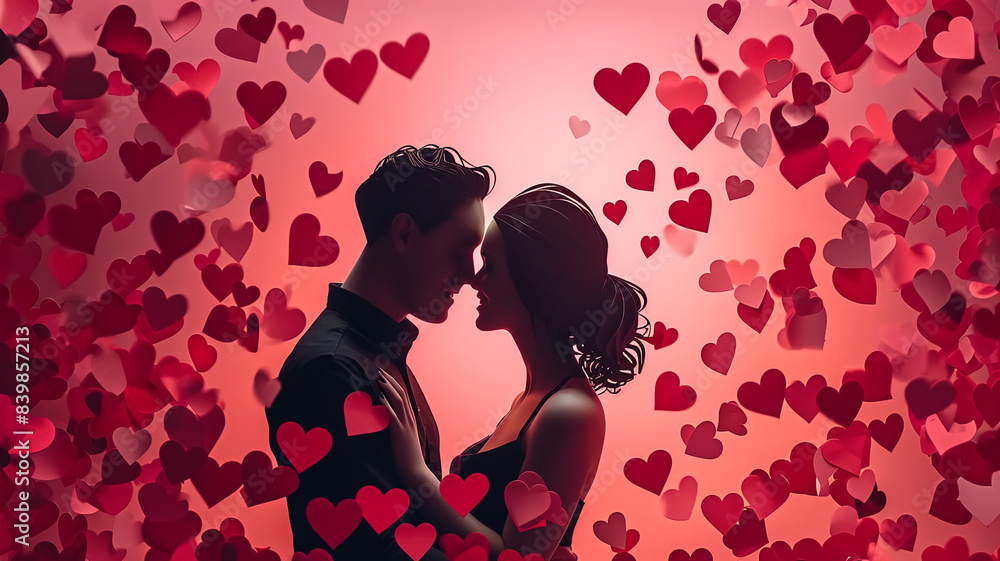 Romantic Couple Embracing Surrounded by Floating Red Hearts on a Pink Background - Perfect for Valentine's Day, Love, and Romance Themes Romantic Couple Embracing Surrounded by Floating Red Hearts on a Pink Background - Perfect for Valentine's Day, Love, and Romance Themes