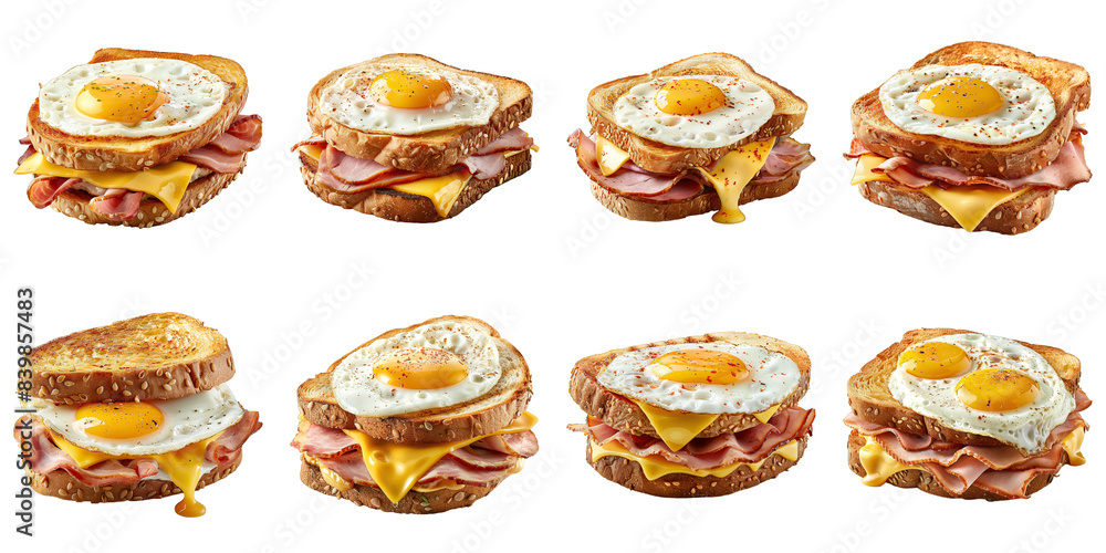 Set of Fried Egg Sandwich With Cheese And Ham isolated on transparent png background. Generative ai Set of Fried Egg Sandwich With Cheese And Ham isolated on transparent png background. Generative ai