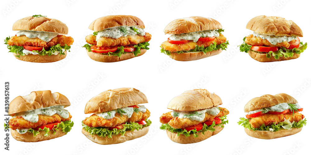 Set of Fried Fish Sandwich With Tartar Sauce isolated on transparent png background. Generative ai Set of Fried Fish Sandwich With Tartar Sauce isolated on transparent png background. Generative ai