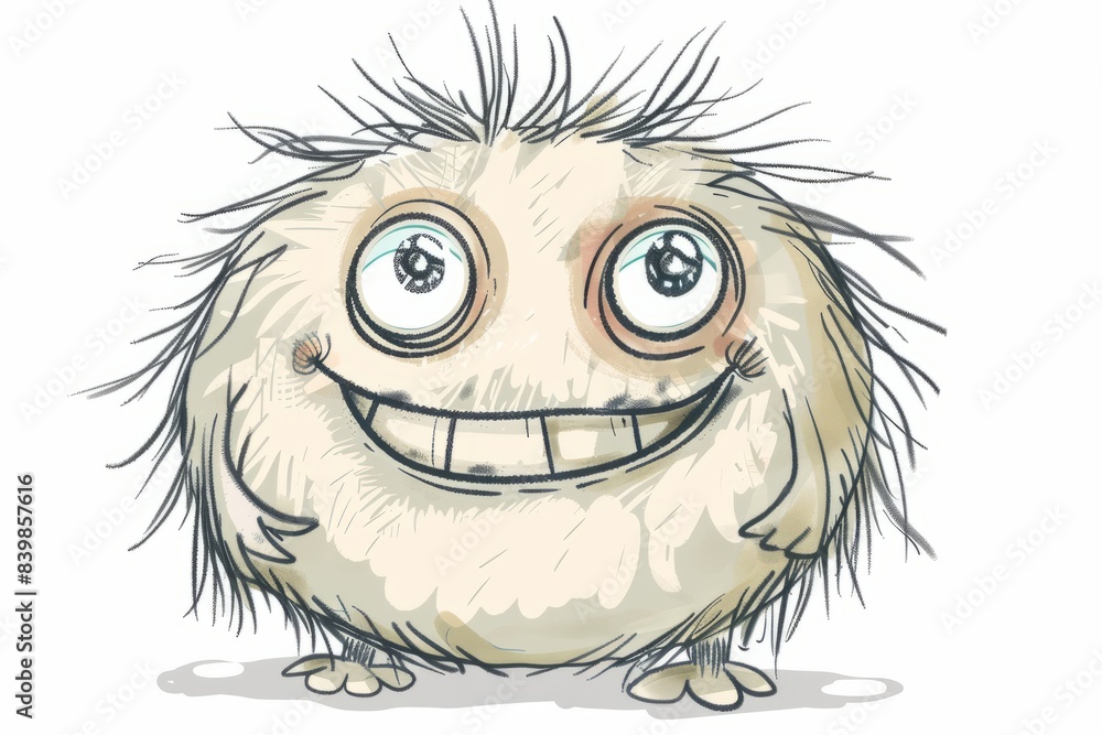 Cartoon cute doodles of a fluffy monster with big eyes and a friendly smile, Generative AI