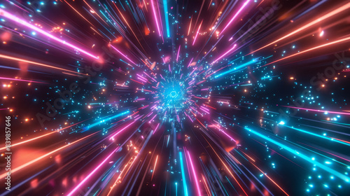 3D rendered, abstract neon light explosion background with colorful glowing lines in space. Space time tunnel effect with speed motion blur and energy burst. Backdrop for festive party or fireworks