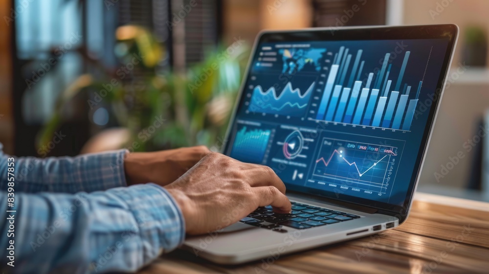 Data analysis to increase sales and revenue. Man sitting with laptop and working with growing graph. Business data analytics concept Data analysis to increase sales and revenue. Man sitting with laptop and working with growing graph. Business data analytics concept