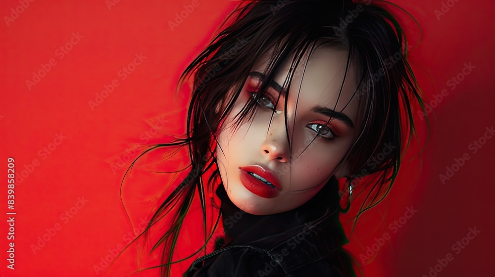 Stunning Woman with Intense Gaze and Messy Hair Posing Against Red Background Stunning Woman with Intense Gaze and Messy Hair Posing Against Red Background