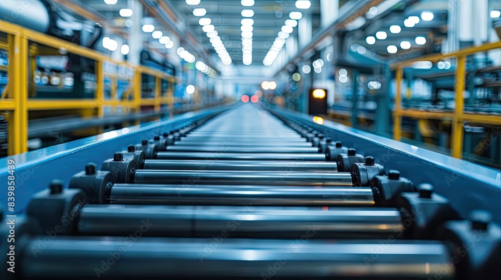 Fototapeta premium Modern Industrial Warehouse with Automated Conveyor Belt and Bright Lighting