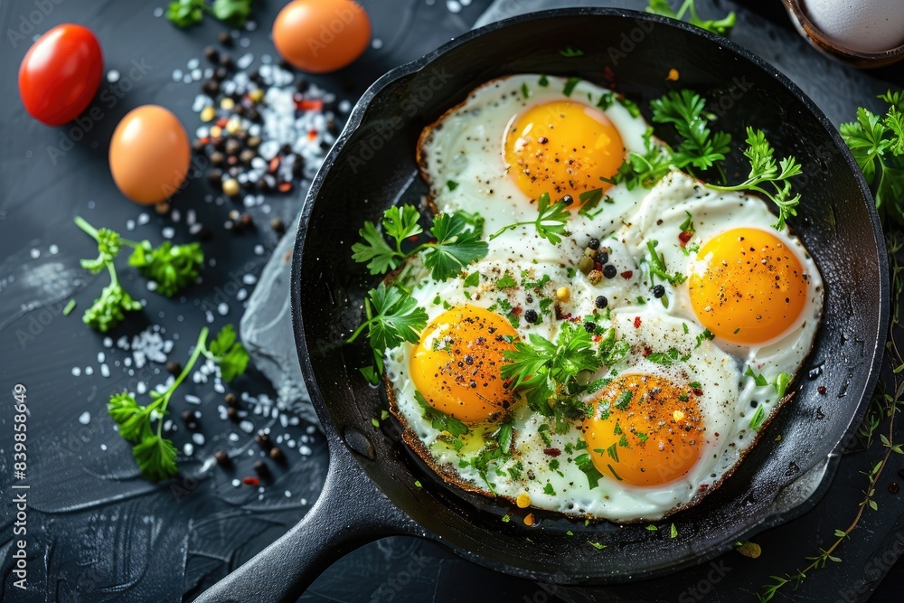 Delicious Fried Eggs in Skillet with Fresh Herbs and Seasoning on Dark Rustic Background Delicious Fried Eggs in Skillet with Fresh Herbs and Seasoning on Dark Rustic Background