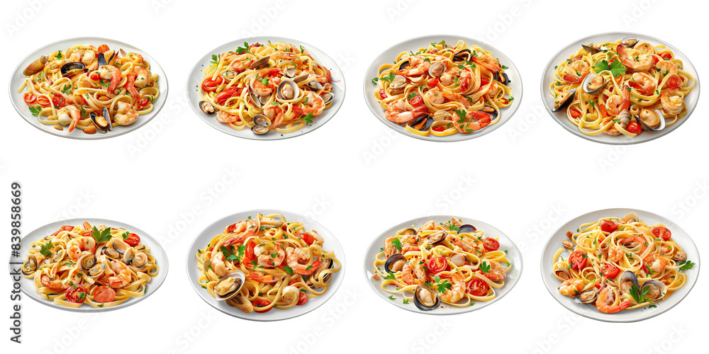 Set of Linguine With Seafood isolated on transparent png background. Generative ai Set of Linguine With Seafood isolated on transparent png background. Generative ai