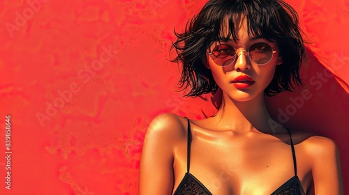 Wallpaper Mural Stylish Woman in Sunglasses and Black Bikini Posing Against Vibrant Red Background Torontodigital.ca