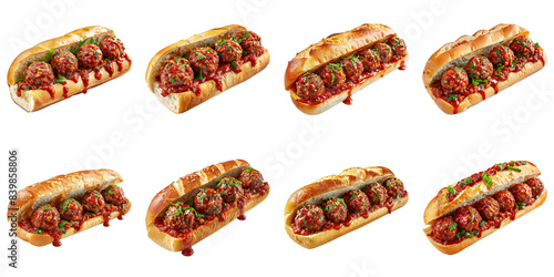 Set of Meatball Sub Sandwich With Marinara Dripping isolated on transparent png background. Generative ai