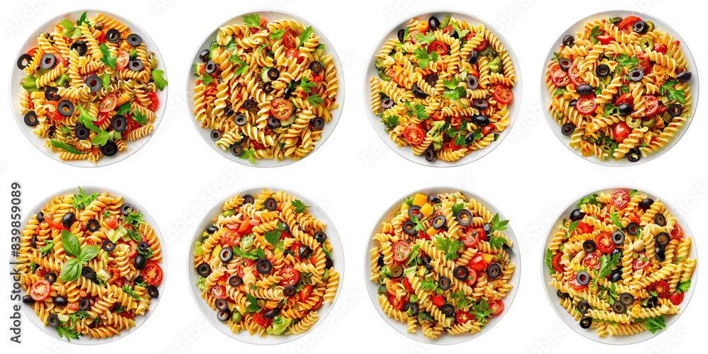 Set of Pasta Salad With Italian Dressing isolated on transparent png background. Generative ai Set of Pasta Salad With Italian Dressing isolated on transparent png background. Generative ai