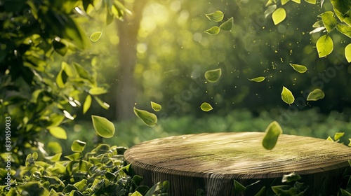 Fototapeta Naklejka Na Ścianę i Meble -  Podium mockup, forest background with morning sunlight, product display podium 3d render