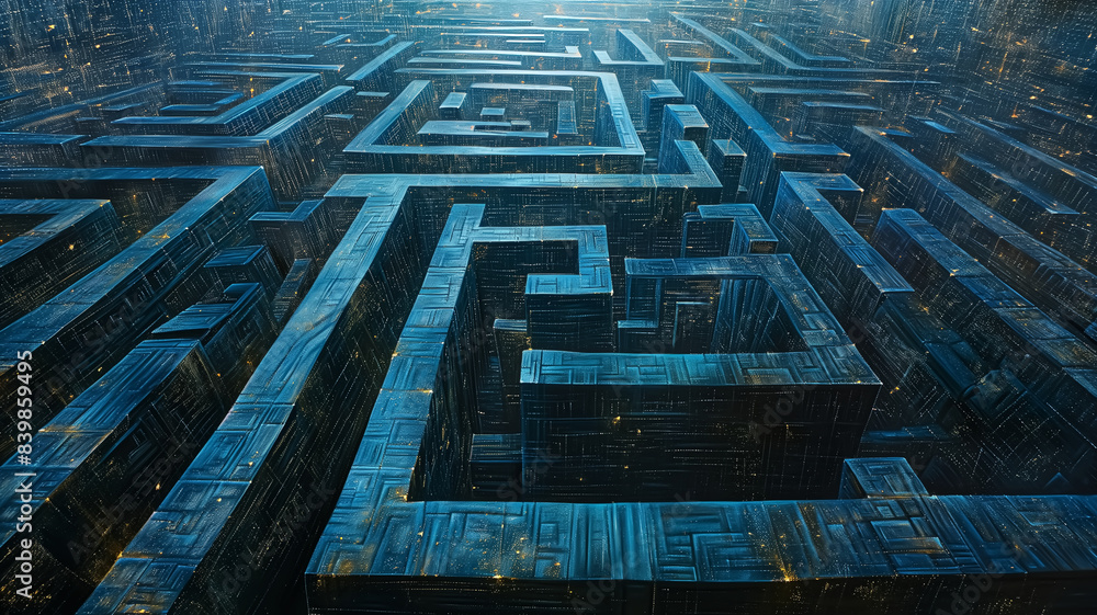 Abstract Futuristic Maze with Blue Metallic Walls and Glowing Lights - Aerial View of Complex Labyrinth Structure Abstract Futuristic Maze with Blue Metallic Walls and Glowing Lights - Aerial View of Complex Labyrinth Structure
