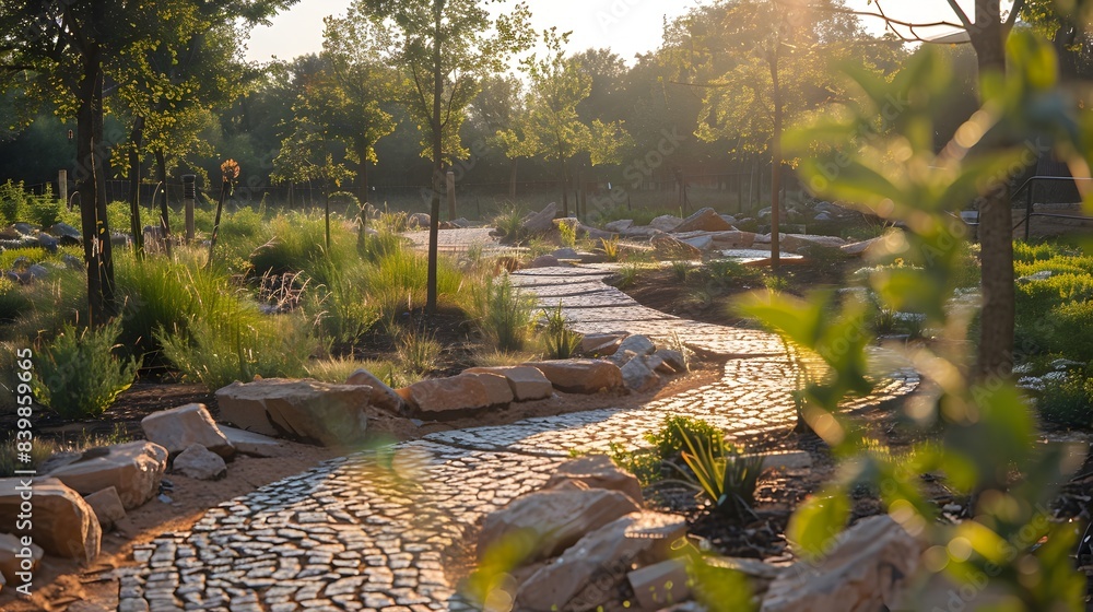 Naklejka premium Nature Reserve with Recycled Paths Promoting Conservation Education and Sustainability