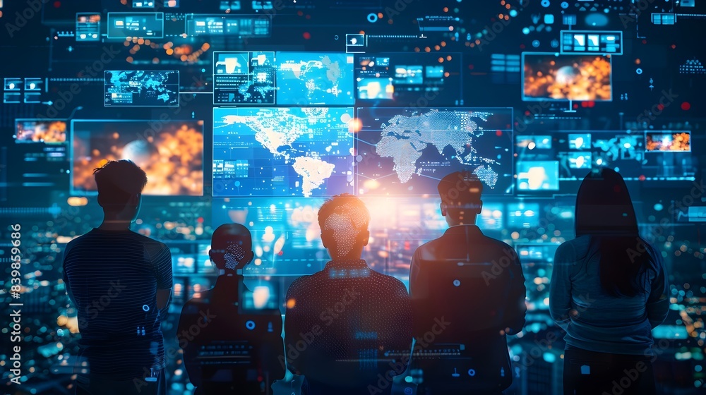 Global Business Team Monitoring Digital Product Launch on Screens in Modern Workspace Global Business Team Monitoring Digital Product Launch on Screens in Modern Workspace